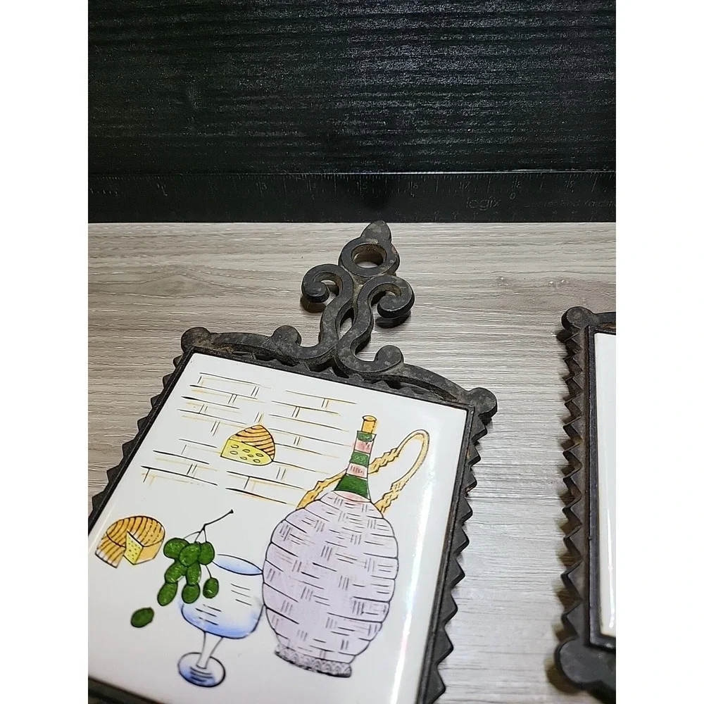 Set Of Two Vintage Trivets - Wine And Cheese Tiles